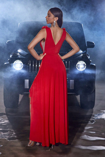 Rode A-lijn lange jurk met V-hals en split